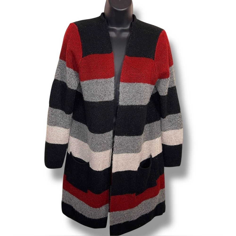 Petite Large IN Studio Colorblock Long Sleeve Open Front Sweater Black Grey Red